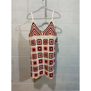 Lucky Brand Women Mini Dress XLARGE Pink‎ Granny Square Crochet Knit Boho Cotton